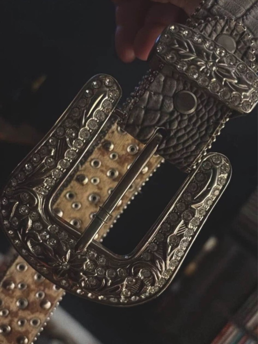 Rhinestone Studded Western Buckle Belt - Beige & Silver WB Atlas brand Small